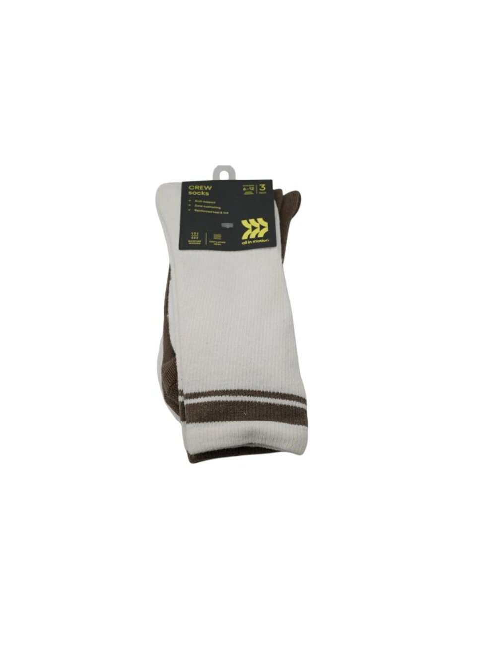 NWT All In Motion 3 Pack Crew Socks Shoe Sz 6-12 White Tan Striped Arch Support